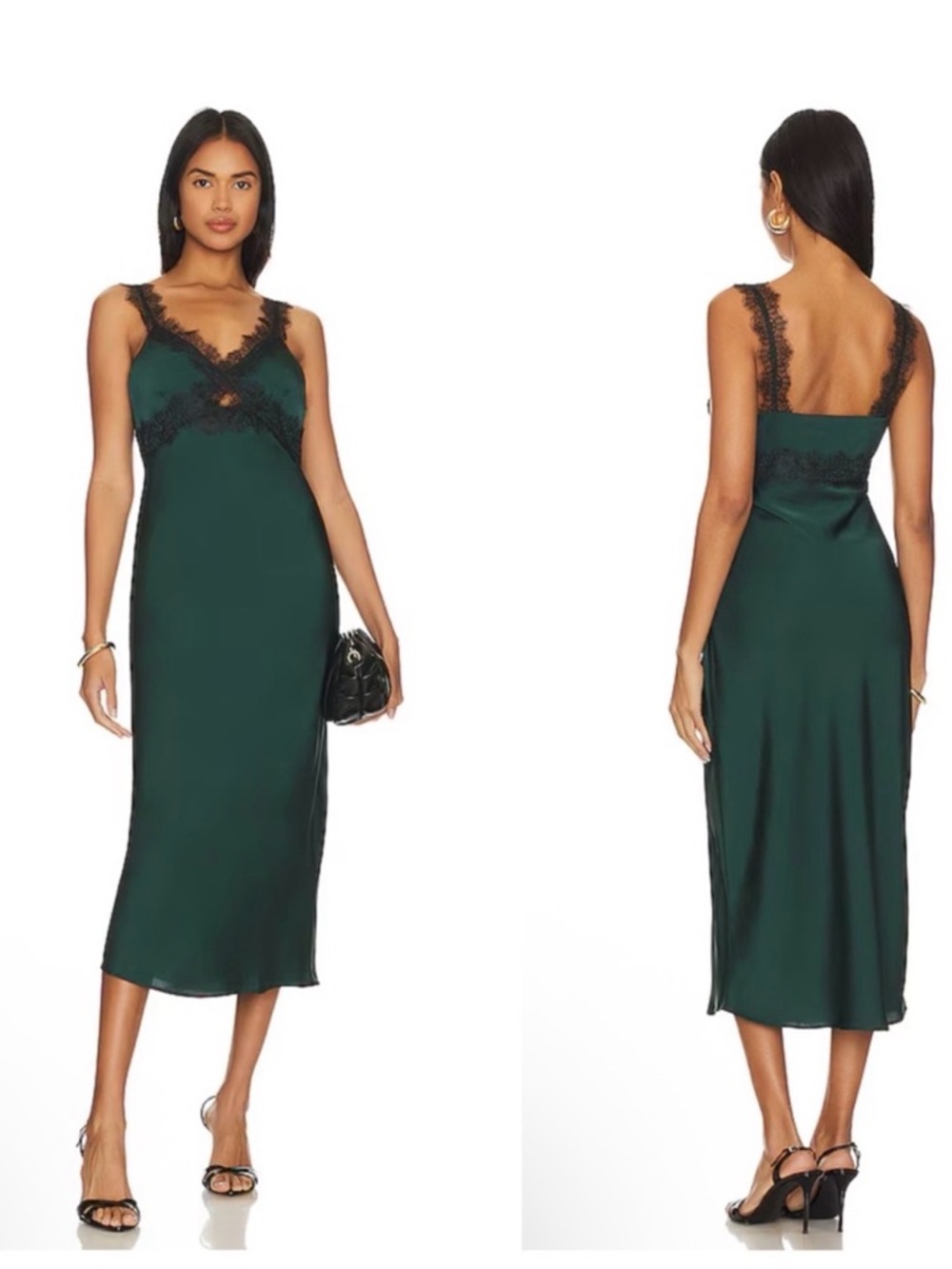 MINKPINK Emerald Green Satin Lace-Trim Slip Dress-A05